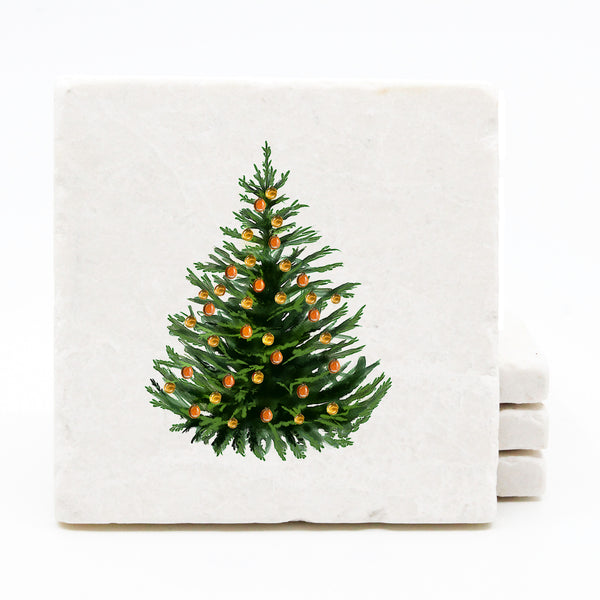 Christmas Tree Travertine Drink Coasters